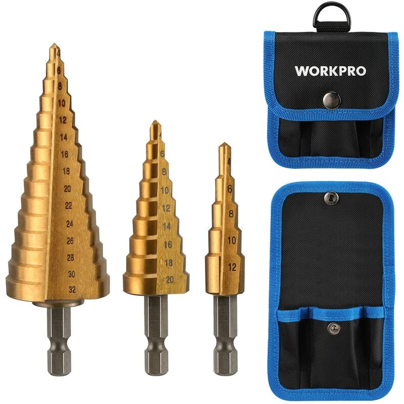 Workpro - Jeu de 3 Forets Etagés, hss Inox Metal, 4-12/20/32mm, Triangle Conique Titane, avec Tige Hexagone, Foret Fraise Meche Etage Pour Plastique,