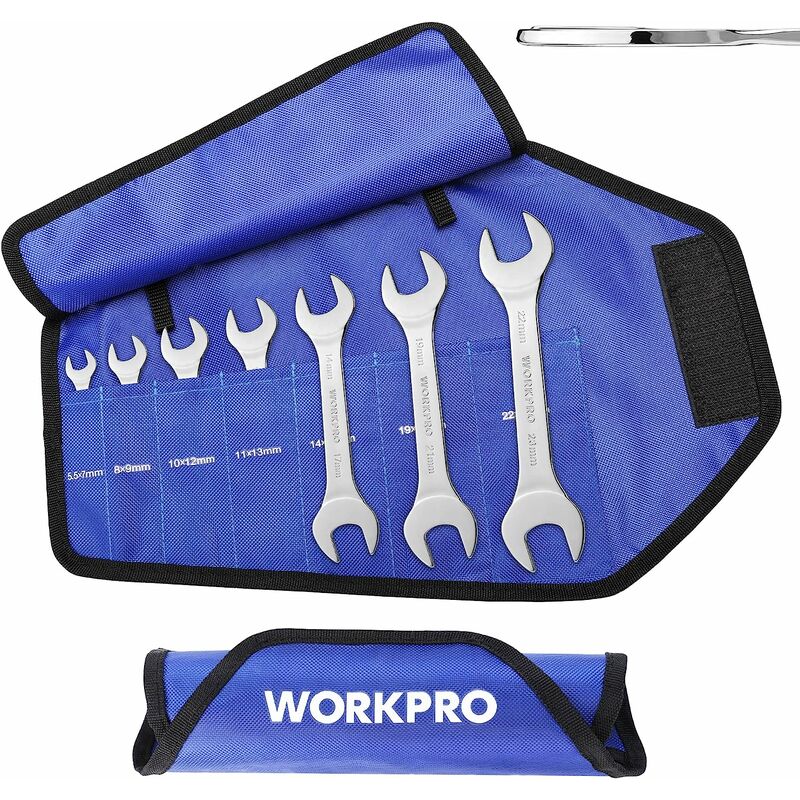 Workpro - Jeu de Clés Plates 7 Pièces, Clés à Fourche 5 à 23 mm, Jeu de Clés Fines à Bout Ouvert Ultra-Minces Avec Pochette de Rangement Enroulable,