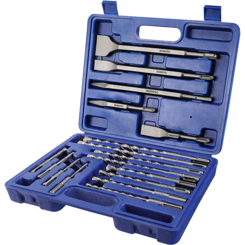 Jeu de Forets et Burins sds Plus 17 Pièces, Ensemble de Forets à Béton avec Burins Pointus et Plats pour Brique, Ciment, Pierre, Béton et Maçonnerie,