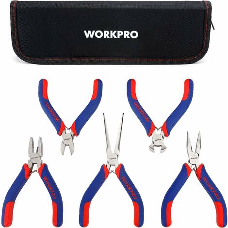 Workpro – Jeu de mini pinces en acier au carbone – 5 pièces avec revêtement en alliage nickel et fer – Poignée bi-matière ergonomique