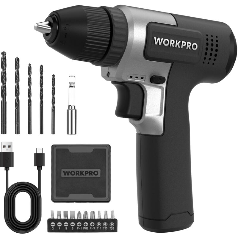 WORKPRO Kit de Perceuses Visseuse Sans Fil 8V Noir, Visseuse Devisseuse Sans Fil 2000mAh, Couple 12Nm, Mandrin de Perçage 10mm, LED Lumière, Kit
