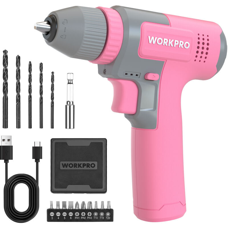 Kit de Perceuses Visseuse Sans Fil 8V Rose, Visseuse Devisseuse Sans Fil 2000mAh, Couple 12Nm, Mandrin de Perçage 10mm, led Lumière, Kit