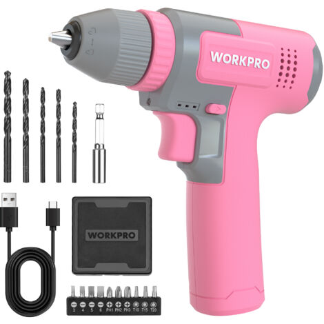 WORKPRO Kit de Perceuses Visseuse Sans Fil 8V Rose, Visseuse Devisseuse Sans Fil 2000mAh, Couple 12Nm, Mandrin de Perçage 10mm, LED Lumière, Kit d'Accessoires Complet, pour Réparation Maison DIY