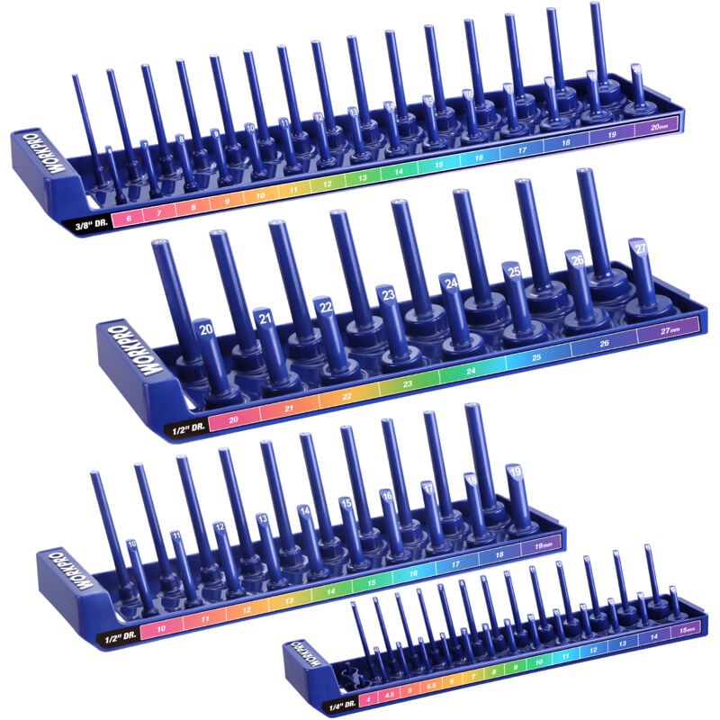 Workpro - Kit d'Organisateur de Douilles 4 Pièces, 1/4', 3/8', 1/2' pour Douilles Métriques, Support de Rangement pour Douilles avec Plateau de