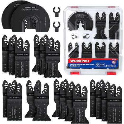 Workpro – Lames de scie oscillantes 22PCS – Acier haute teneur en carbone – Pour bois, métal et plastique – Coffret avec adaptateurs C-clip