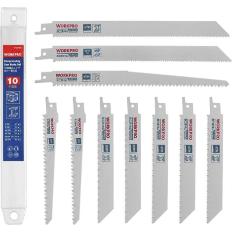 Workpro – Lames de scie sabre bimétal 10 pièces – Pour bois dur et métal – Longueur 150mm à 230mm – Avec boîte de rangement - 10-Piece