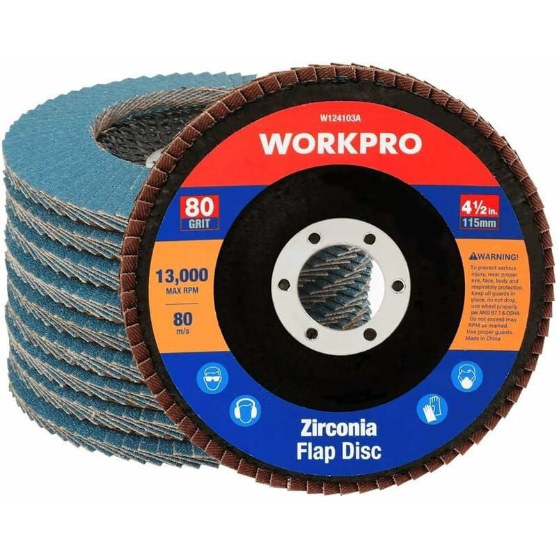 Workpro - Lot de 10 Disques Abrasifs à Lamelles de Haute Qualité, Disque de Meulage 115 mm, Grain 80 pour Enlever Ebavure, Rouille, Polissage,