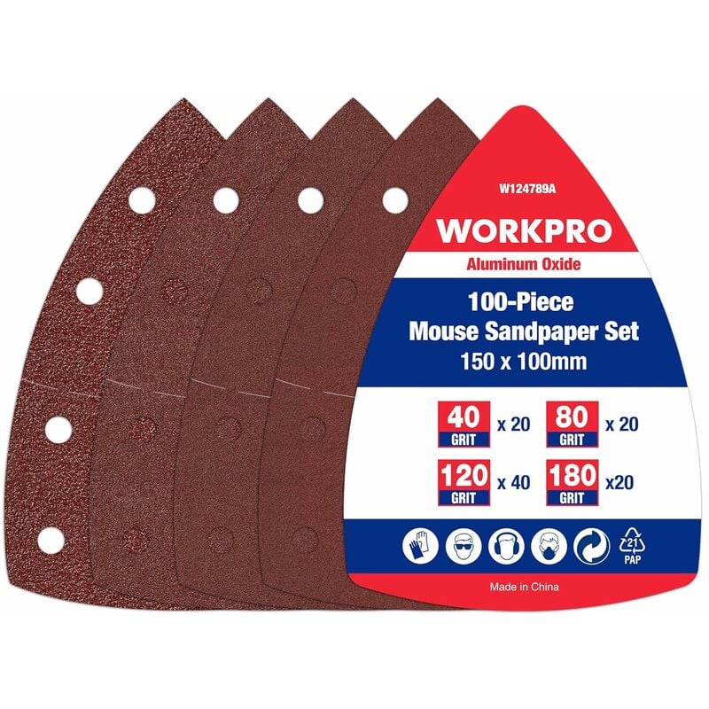 Lot de 100 Pièces Feuilles Abrasives Triangulaires pour Ponceuse, Grains 40-80-120-180, Papier Abrasif 90x90mm avec 11 Trous pour Poncer, Polissage,