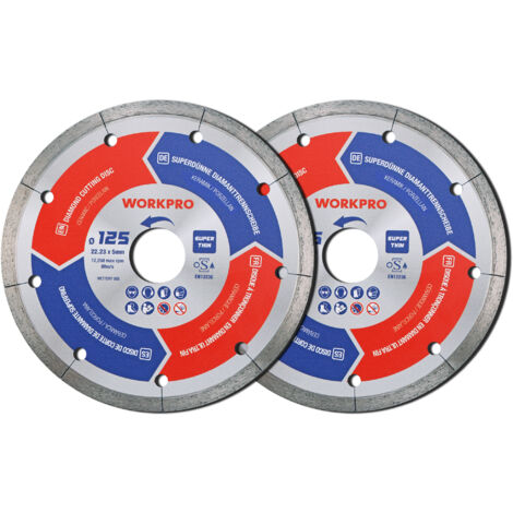 Workpro – Lot de 2 disques à tronçonner diamantés 125 mm – Ultra-fins 1,2 mm pour coupe à sec et à l'eau – Pour carrelage, céramique, béton, marbre