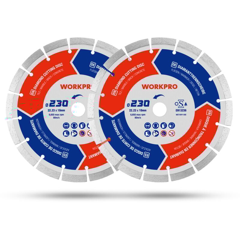 Lot de 2 Disques à Tronçonner Diamantés 230 mm, pour Carrelage, Béton, Pierre, Brique, Granit, Marbre, Meuleuse - Workpro