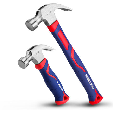 WORKPRO Lot de 2 Marteaux de Charpentier 720 g et 340 g, Marteau Arrache-Clou avec Manche en Fibre de Verre, Marteau à Griffes pour Travaux du Bois, Rénovations, DIY
