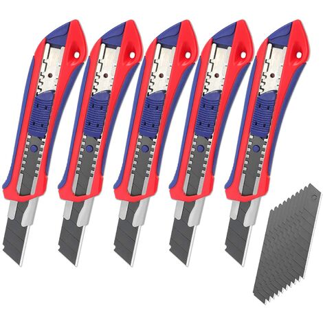 Workpro – Lot de 5 cutters professionnels 18mm – Lame SK5 rétractable – 20 lames de rechange – Pour coupe précise de papier et carton