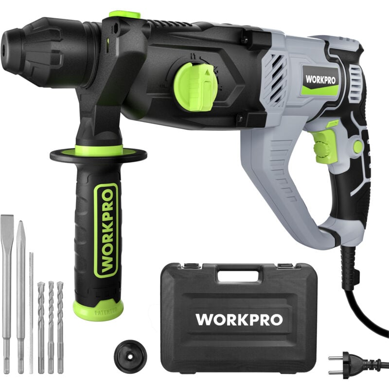 Workpro - Marteau Perforateur Électrique 1050W, Perceuse à Percussion, Marteau Rotatif avec Poignée Rotative 360°, Mandrin sds-plus, 4 Fonctions,