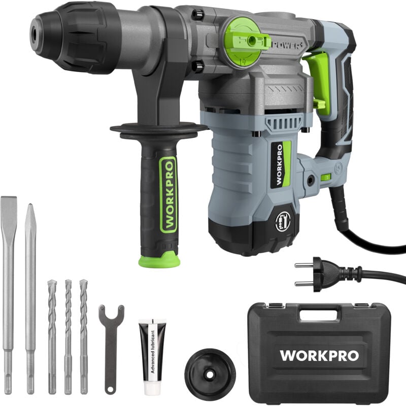 Workpro - Marteau Perforateur Électrique 1500W, Perceuse à Percussion, Marteau Rotatif avec Poignée Rotative 360°, 4 Fonctions, Mandrin sds-plus,