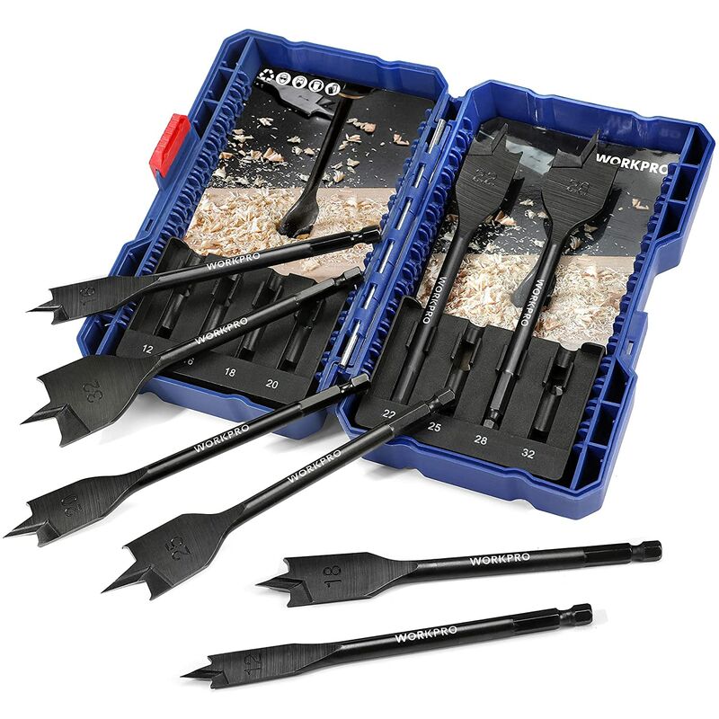 Mèche à Bois Plate 8 Pièces avec Tige Hexagonale de 1/4'' de Changement Rapide, Mèches Plates en Acier au Carbone de Qualité Ø12, 16, 18, 22, 25, 28