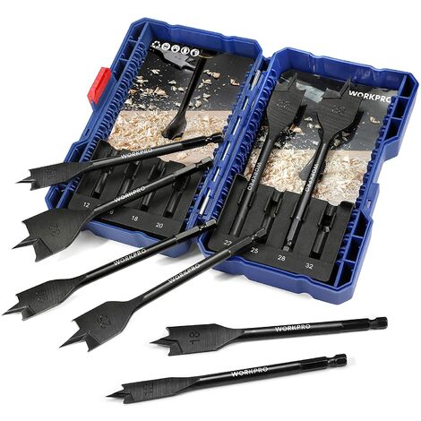 Workpro – Mèche à bois plate 8 pièces – Tige hexagonale 1/4’’ – Acier au carbone – Tailles Ø12 à 32 mm – Longueur 150 mm pour perçage précis