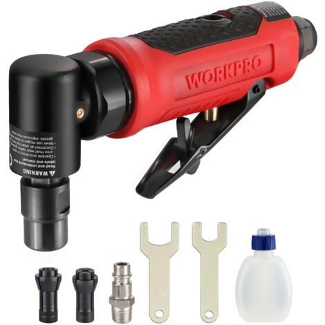 Workpro – Meuleuse pneumatique 6,3 mm – Pression 6,3 bar – Vitesse 20,000 tr/min – Mandrins 1/4'' et 1/8'' pour divers matériaux