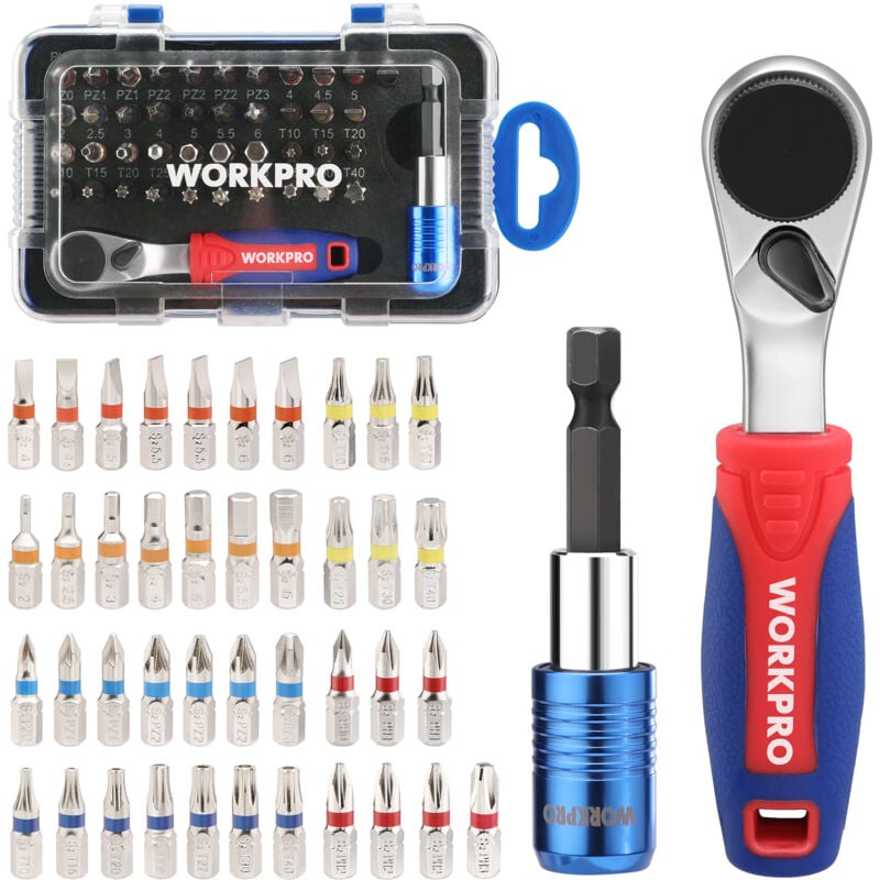 Workpro - Mini Clé à Cliquet 1/4' Réversible 60 Dents, 41 Embout de Tournevis Colorés et Porte-Embout à Changement Rapide pour Serrage et Réparation