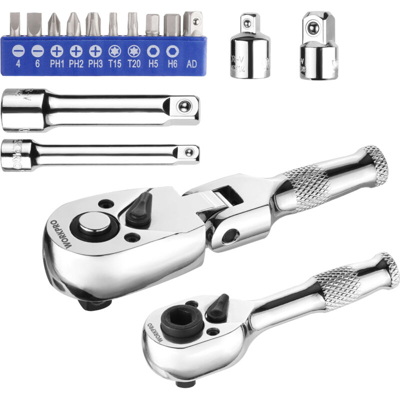 Mini Clé à Cliquet et Jeu d'Embouts de Tournevis, 1/4' Clé à Cliquet à Double Tête, 3/8' Cliquet Court à Tête Flexible, Rallonge 75Mm, Adaptateurs de