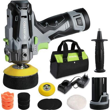 Workpro – Mini polisseuse sans fil 12V φ75mm – Vitesse variable 2600-7500 tr/min – 2 batteries 2.0Ah – Charge rapide en 1h – Accessoires pour voiture et meubles