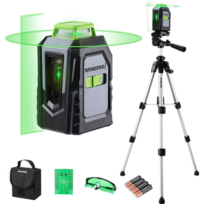 WORKPRO Niveau Laser 360° Autonivelant avec Trépied, Laser Chantier avec Horizontal et Vertical Laser, Plaque Cible, Lunettes Vertes, Idéal pour