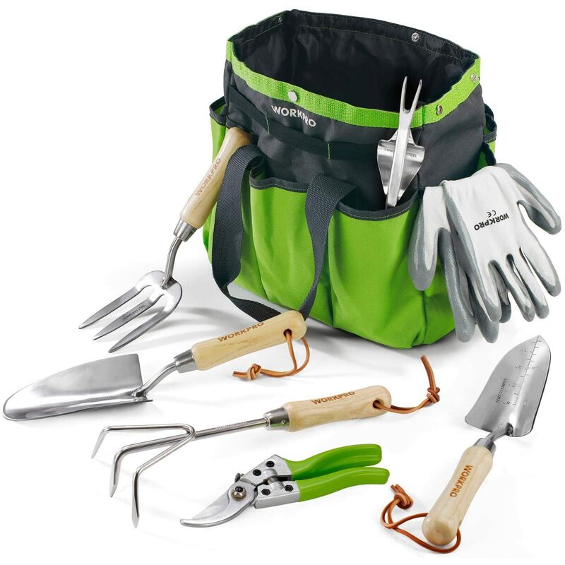 Workpro - Outils de Jardinage, 8 Pièces, Ensemble de Jardinage en Acier Inoxydable Lourd avec Poignée de Bois, Sécateur, Gants, Sarcloir, Griffe,