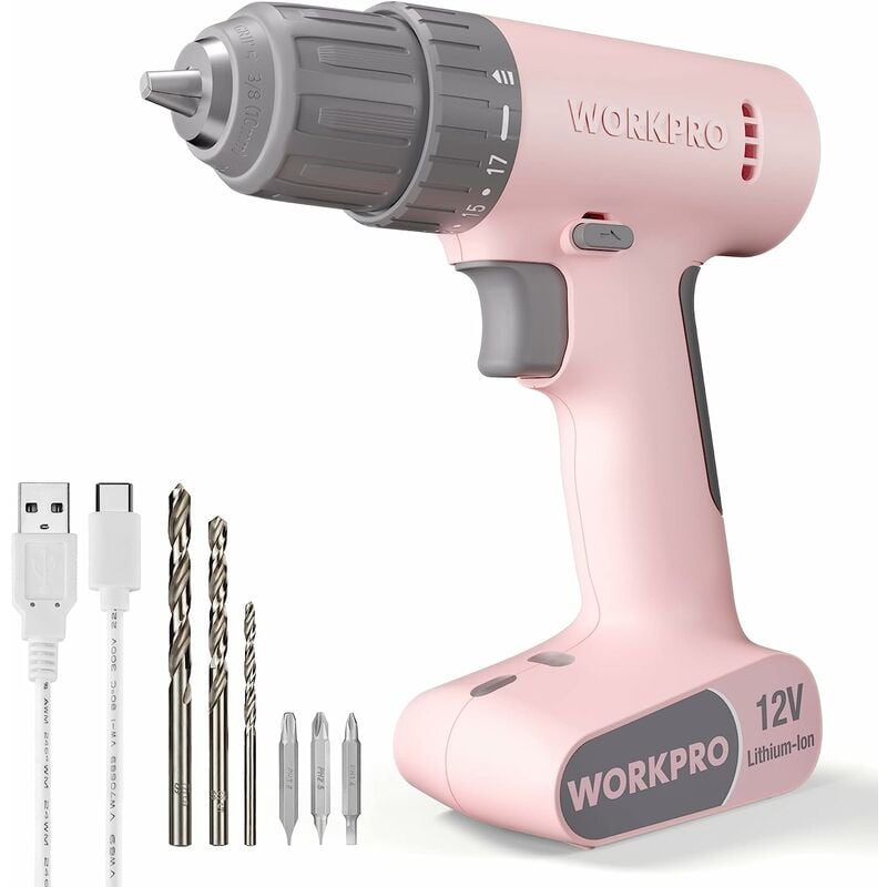 WORKPRO Perceuse Visseuse sans Fil 12V Tout-en-un avec Mandrin 10mm (3/8") et Batterie 1500mAh, Charge Facile par USB de Type C, Réglage de Couple 17