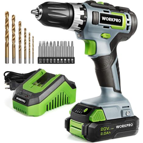 Workpro – Perceuse-visseuse sans fil 20V – 2 vitesses 0-360/0-1300 tr/min – Couple 25Nm – Batterie Lithium-ion 2,0Ah – 16 accessoires inclus
