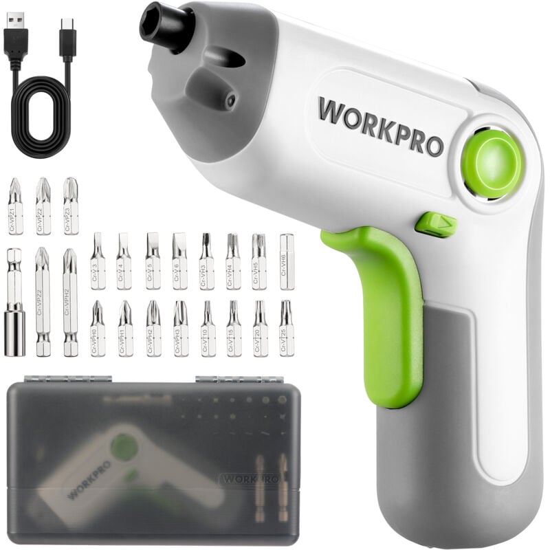 Workpro - Perceuse Visseuse Sans Fil 6Nm 3,6V, Visseuse Devisseuse Excentrique avec 21 Embouts, Barre d'Extension, Batterie 2000 mAh, Lumière led,