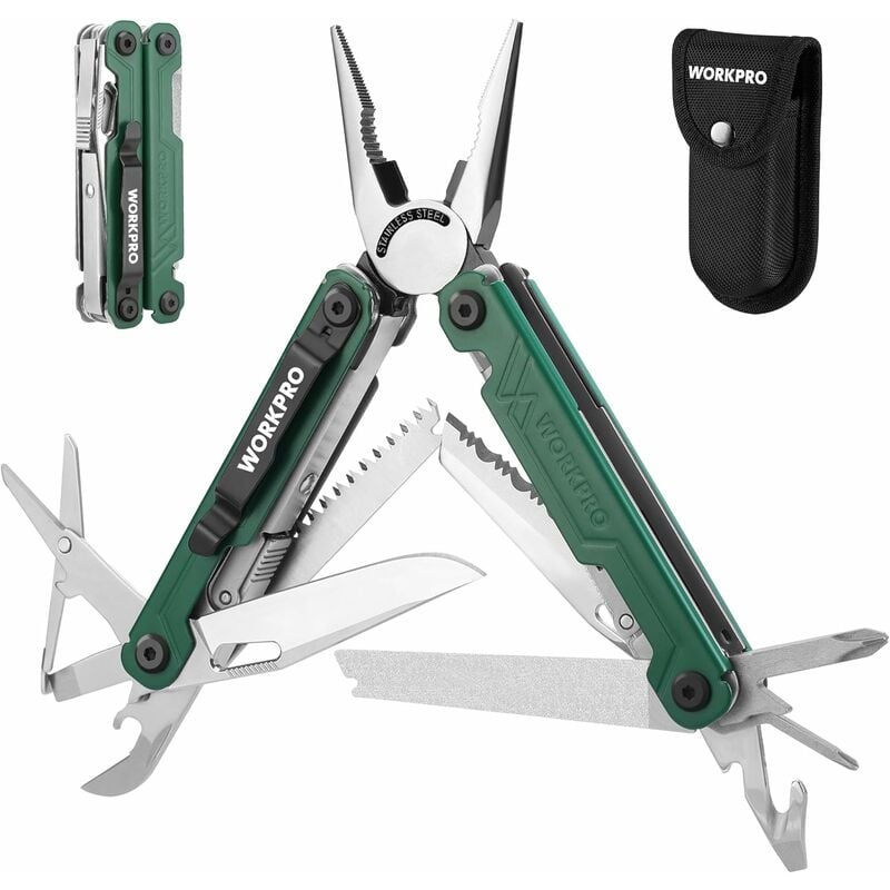 WORKPRO Pince Multifonction en Acier Inoxydable 18 en 1, Outil Multifonction avec Sac, Multitool Couteau Pince Scie Tournevis Ouvre-Boîte pour