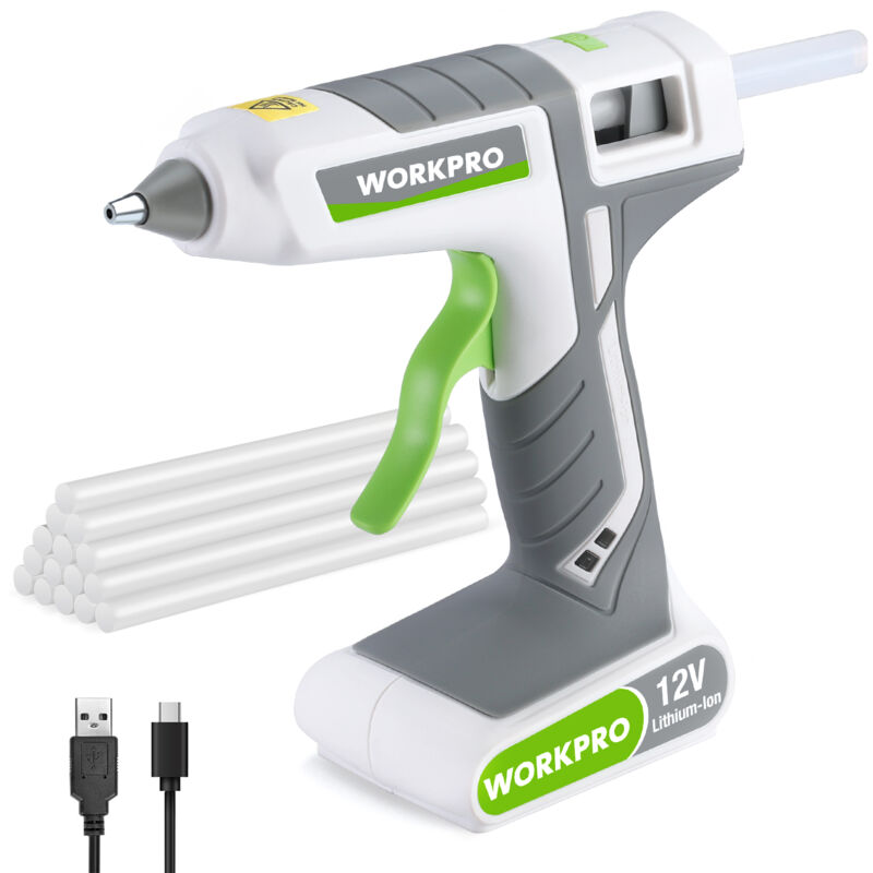 Workpro - Pistolet à Colle Chaude Sans Fil 12 v avec 15 Bâtons de Colle 200x11mm, Batterie Lithium-ion 2000mAh, Chargement par usb Type c, Indicateur