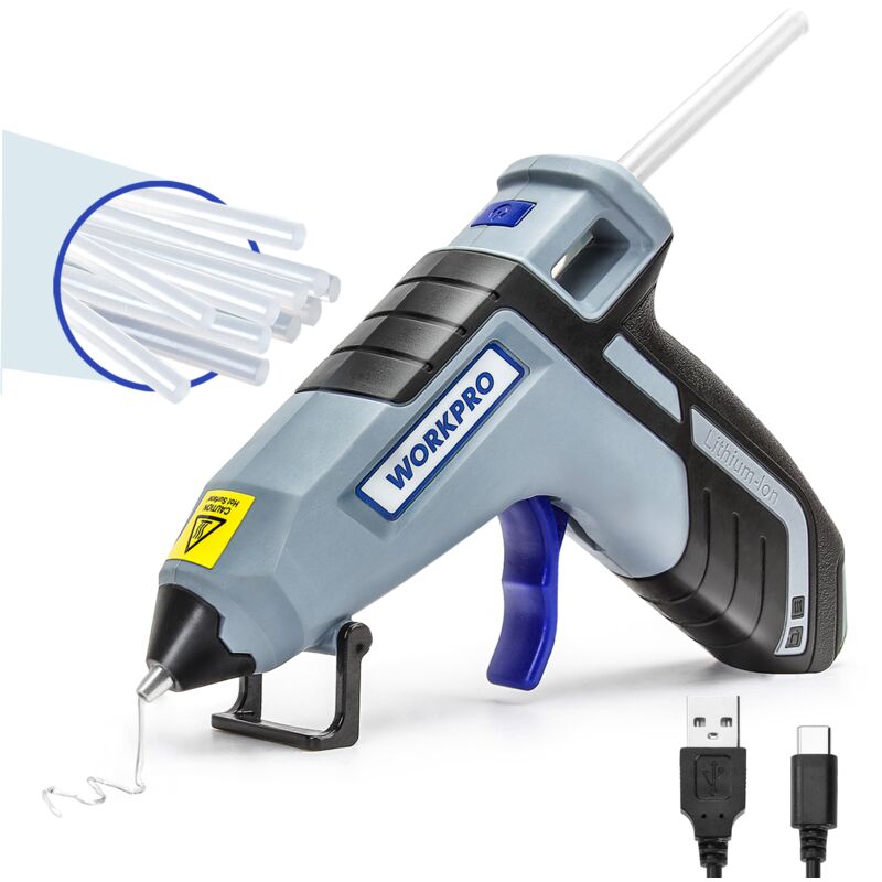 WORKPRO Pistolet à Colle Rechargeable 3,6 V, Pistolet à Colle sans Fil avec Batterie 2600 mAh et 20 Bâtons de Colle(7100 mm), Arrêt Automatique,