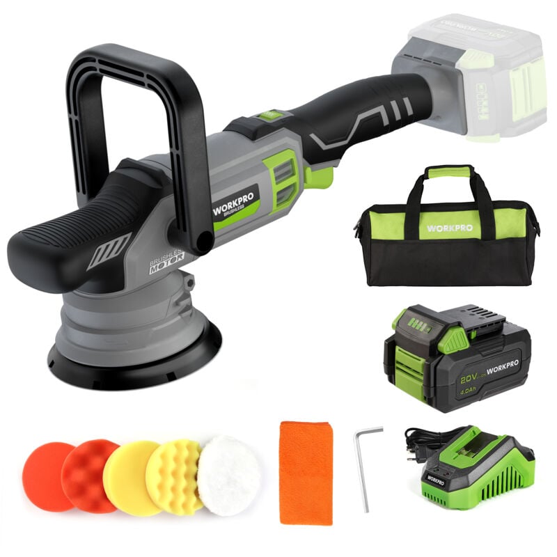 Workpro - Polisseuse de Voiture sans Fil 20V, Polisseuse Orbitale sans Balais à Double Action, 7 Vitesses (2000-5000 tr/min), Poignée en d Réglable,
