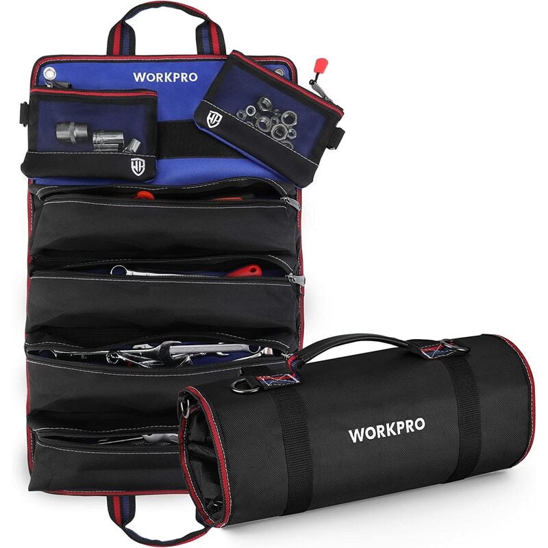 WORKPRO Sac à Outils Enroulable en Toile, Rouleau à Outils 57 cm 36 cm avec 2 Poches Détachables et 4 Poches Zippées, Pour Siège Arrière et