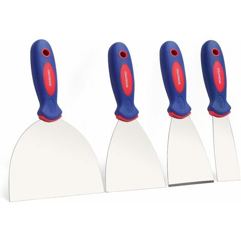 Workpro – Set de 4 spatules en acier inoxydable 38-150mm – Épaisseur 1,2mm – Poignée ergonomique – Pour mastiquer et décoller