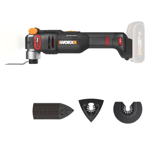 WORX NITRO - Strumento multifunzione senza fili, 20 V, WX698.9, ideale per tagliare, segare, smerigliare, raschiare, raschiare, sistema di fissaggio universale, fornito con 23 accessori, senza