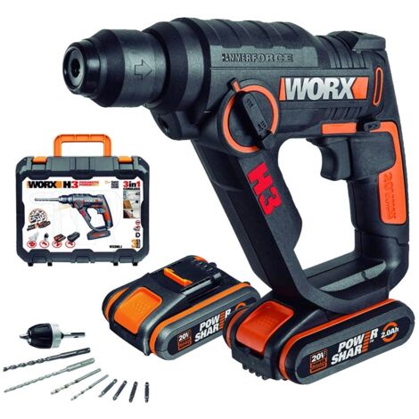 Worx – Perceuse à percussion 20V SDS 1,2J – 3 modes (perçage, percussion, burinage) – 2 batteries 2Ah – Pour béton et maçonnerie