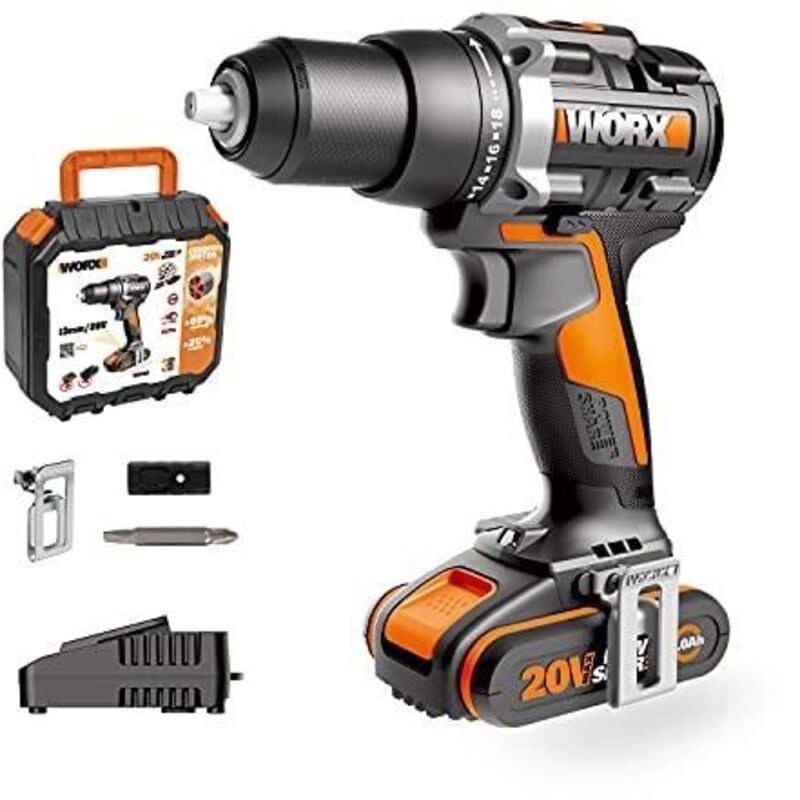 20V perceuse-visseuse sans fil sans balais WX102, powershare, contrôle variable à 2 vitesses, embrayage 18+1 positions, lég - Worx