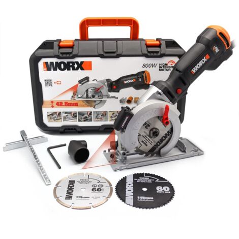 WORX Sierra circular WORXSaw XL 46mm, 800W  WX437  Guía láser, sistema de aspiración integrado, rápido ajuste de profundidad, cambio de disco sencillo