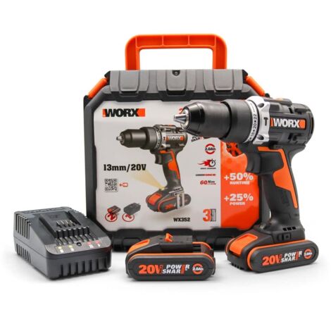 WORX WX352 Trapano avvitatore con percussione brushless 60nm-20V con 2.0 batterie da 2.0Ah