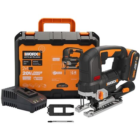 Worx WX542, Seghetto alternativo a batteria, 20 V, motore senza spazzole, con adattatore di aspirazione, ideale anche per tagli obliqui, compatibile con PowerShare, con batteria e caricatore, Nero