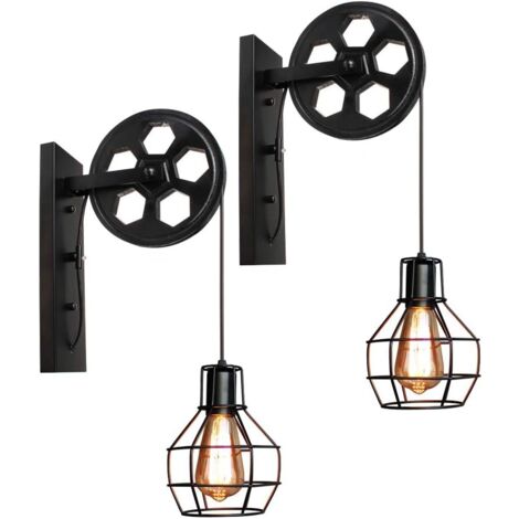 Wottes – Lot de 2 appliques murales industrielles en métal noir – Éclairage vintage ajustable pour chambre, salon, café – 15x15x19 cm, E27 jusqu'à 40W