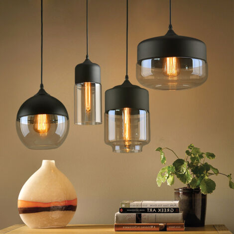 Wottes – Pack de 4 lampes suspendues industrielles rétro – Abat-jour en verre noir et ambre – Hauteur réglable – Douille E27 – Pour éclairage d'ambiance