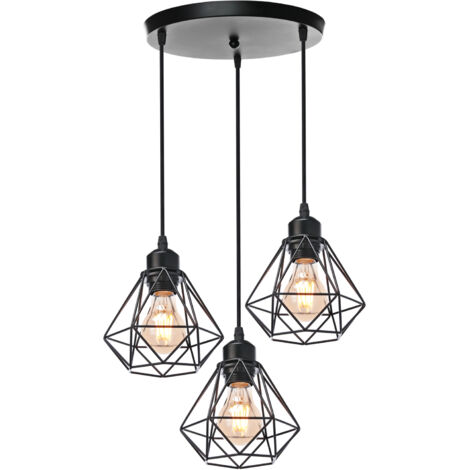 Wottes – Lustre industriel métal noir E27 – Suspension vintage 3 abat-jours en cage – Dimensions 16×17 cm – Longueur câble 100 cm réglable