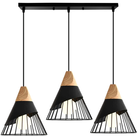 Wottes – Lustre moderne réglable en bois massif – Abat-jour creux noir Ø50cm – 3 lumières E27 – Pour salons, cuisines et chambres