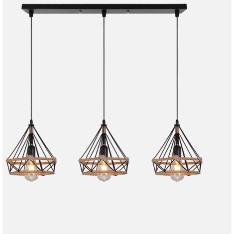 Wottes – Lustre suspension 3 lumières en corde de chanvre E27 – Taille 25x25cm – Longueur câble 100cm ajustable – Pour salon, couloir, cuisine