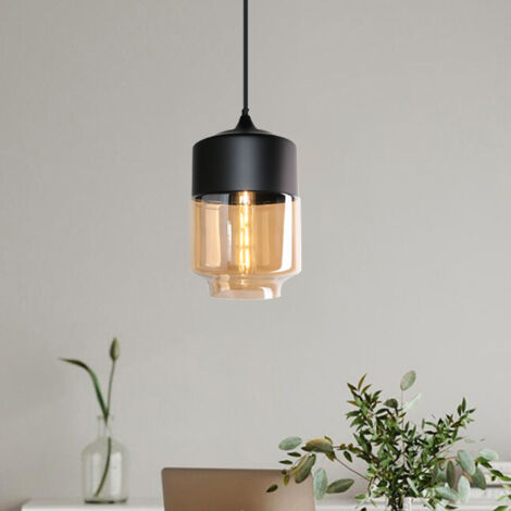Wottes – Suspension luminaire vintage industrielle abat-jour en verre ambre et fer noir E27 Ø18cm – Longueur câble 100cm – Pour salons et cafés
