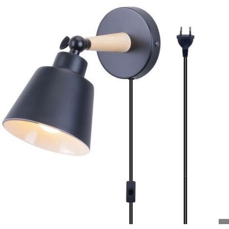 WOTTES Vintage Applique Murale Réglable Industrielle en Métal et Bois, Luminaire d'intérieur avec Interrupteur 1.8M Corde - Noir