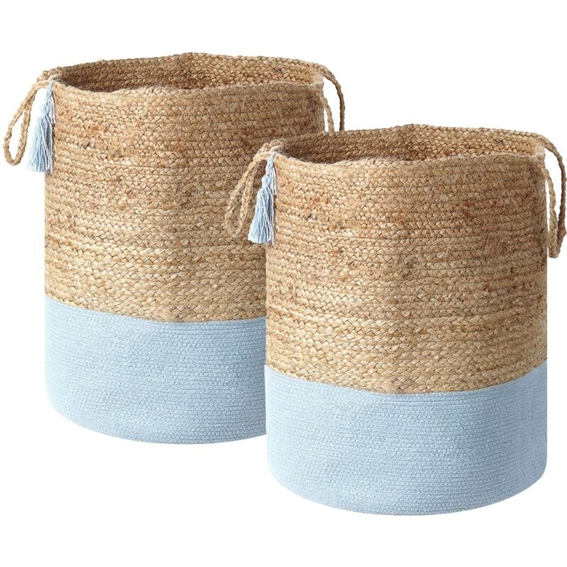 Woven Cotton Jute Storage Laundry Basket Bin Set Beige and Blue Gajar