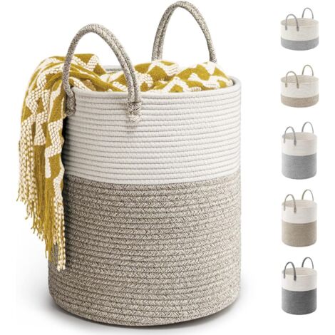 Woven Cotton Laundry Basket D35 x H40 CM Cotton Rope Storage Basket 39L Folding Large Capacity Laundry Bins with Handle Suitable for Home Decor (Brown)